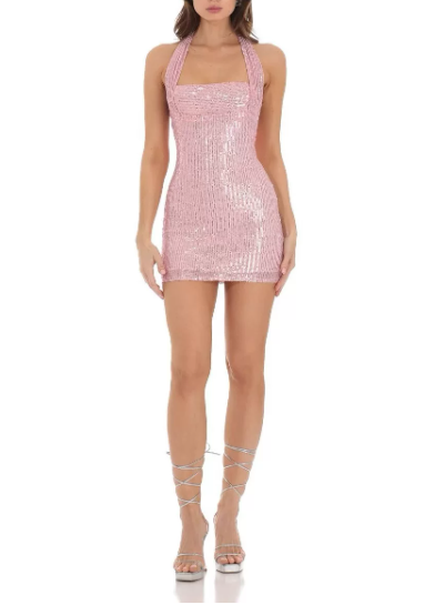 Shiny Homecoming Dress Halter Sequins Backless Dress Back to School Outfits Party Dress D6382