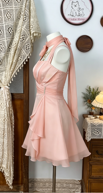 Beauty Homecoming Dress Halter Pleated Back to School Outfits Party Dress D6493