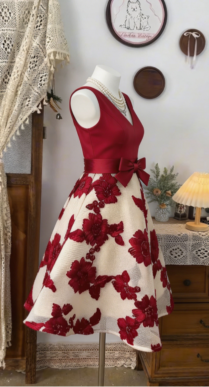 Beauty Homecoming Dress V Neck Bowknot Back to School Outfits Party Dress D6496
