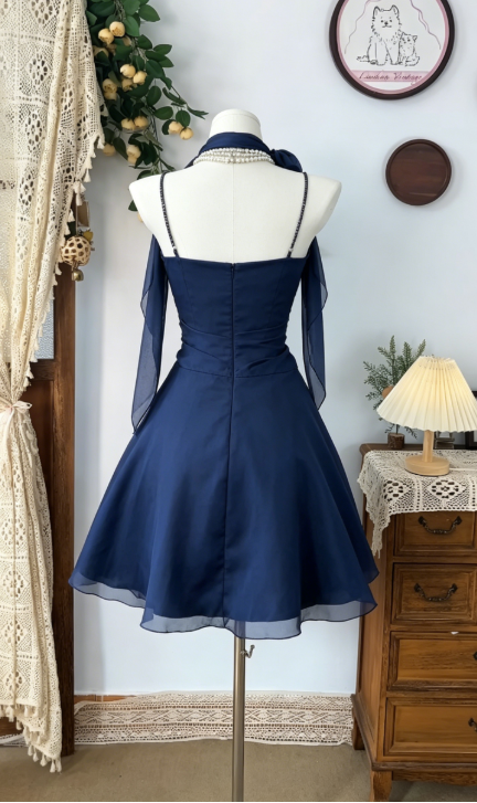 Beauty Homecoming Dress Halter Pleated Back to School Outfits Party Dress D6494