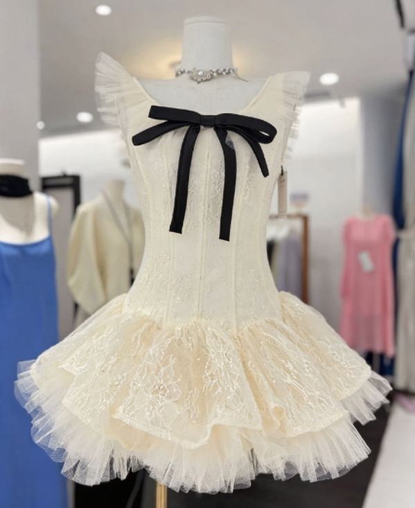 Sweet Homecoming Dress Sheer Strap Bowknot Lace Back to School Outfits Party Dress D6573