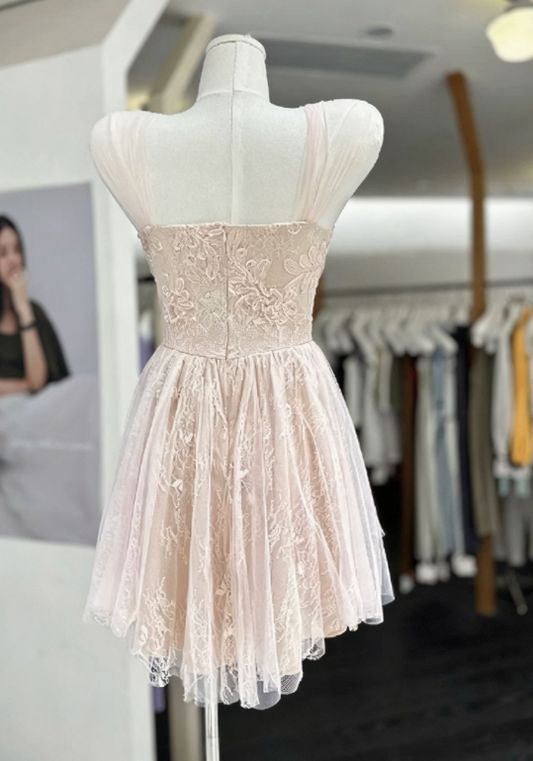 Sweet Homecoming Dress Sheer Strap Lace Flower Back to School Outfits Party Dress D6574