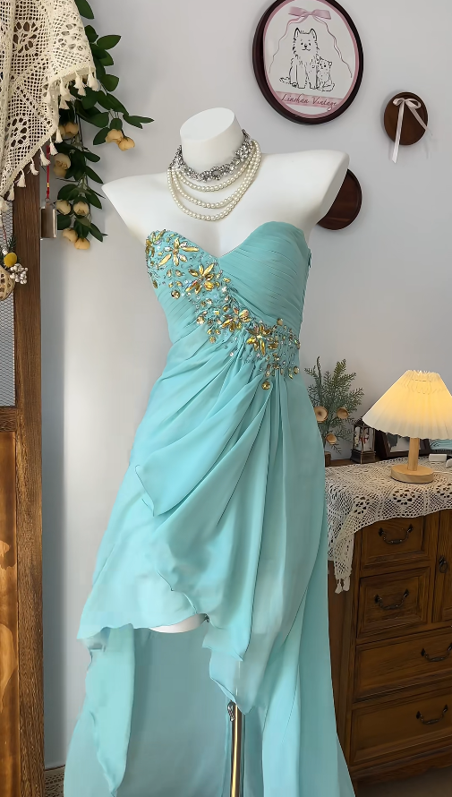 Chic Homecoming Dress Sweetheart Pleated Rinestone Hi-Lo Back to School Outfits Party Dress D6611