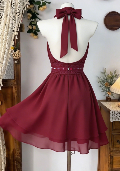 Charming Homecoming Dress Halter Pleated Lace Rinestone Back to School Outfits Party Dress D6583