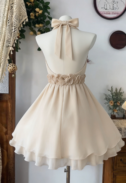 Charming Homecoming Dress Halter Flower Pleated Back to School Outfits Party Dress D6597