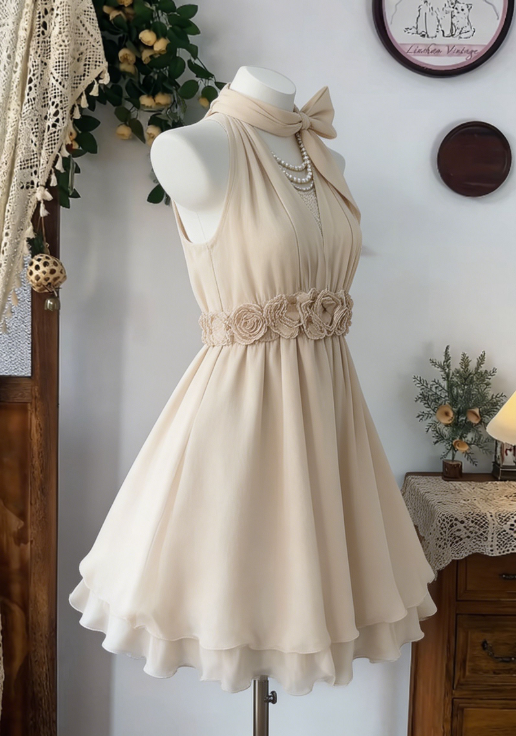 Charming Homecoming Dress Halter Flower Pleated Back to School Outfits Party Dress D6597