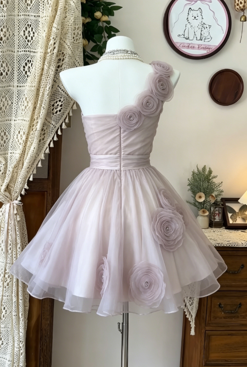 Pretty Homecoming Dress One Shoulder Flower Tulle Back to School Outfits Party Dress D6600