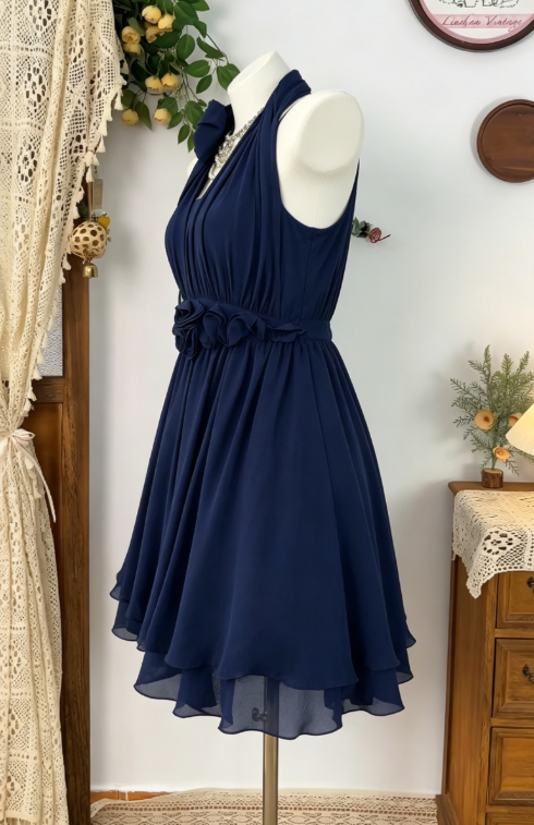 Pretty Homecoming Dress Halter Flower Pleated Back to School Outfits Party Dress D6606