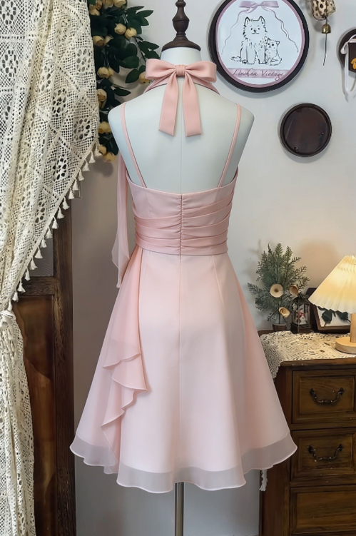 Chic Homecoming Dress Halter Pleated Back to School Outfits Party Dress D6612