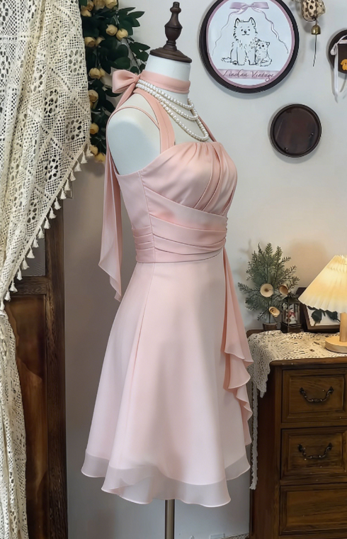 Chic Homecoming Dress Halter Pleated Back to School Outfits Party Dress D6612