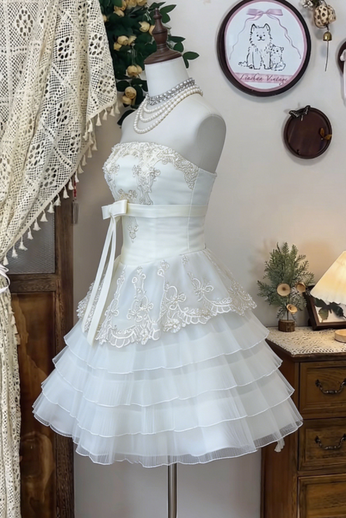 Chic Homecoming Dress Strapless Lace Cascade Bowknot Back to School Outfits Party Dress D6619