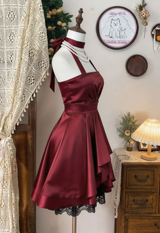Chic Homecoming Dress Halter Lace Pleated Backless Back to School Outfits Party Dress D6617