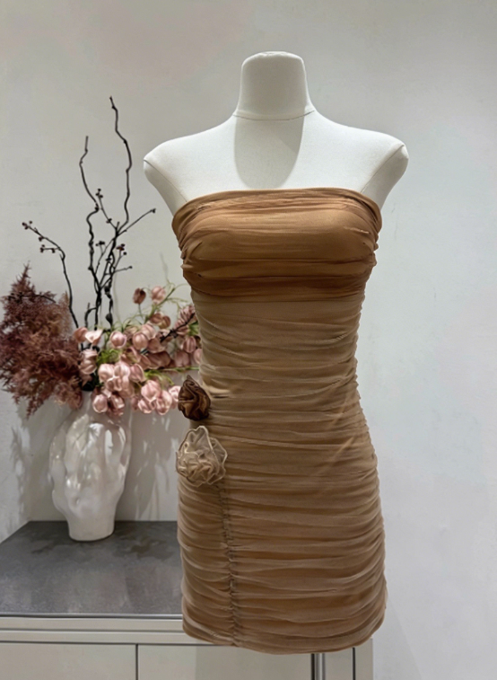 Charming Homecoming Dress Strapless Flower Shirred Back to School Outfits Party Dress D6650
