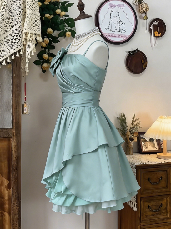 Chic Homecoming Dress Spaghetti Strap Bowknot Pleated Back to School Outfits Party Dress D6624