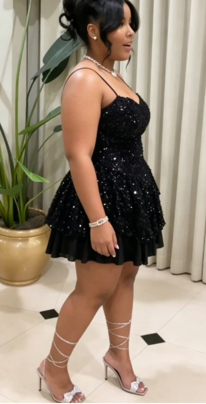 Stunning Homecoming Dress Spaghetti Strap Black Tulle Sequis Back to School Outfits Party Dress D6698