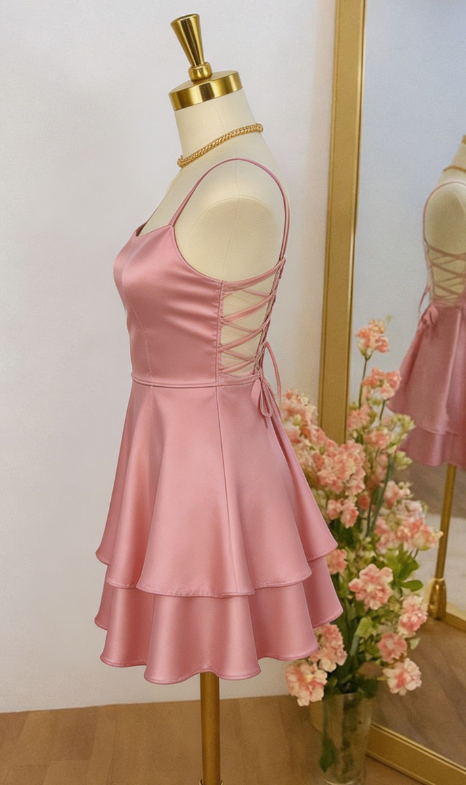 Chic Homecoming Spaghetti Strap Pink Back to School Outfits Party Dress D6725