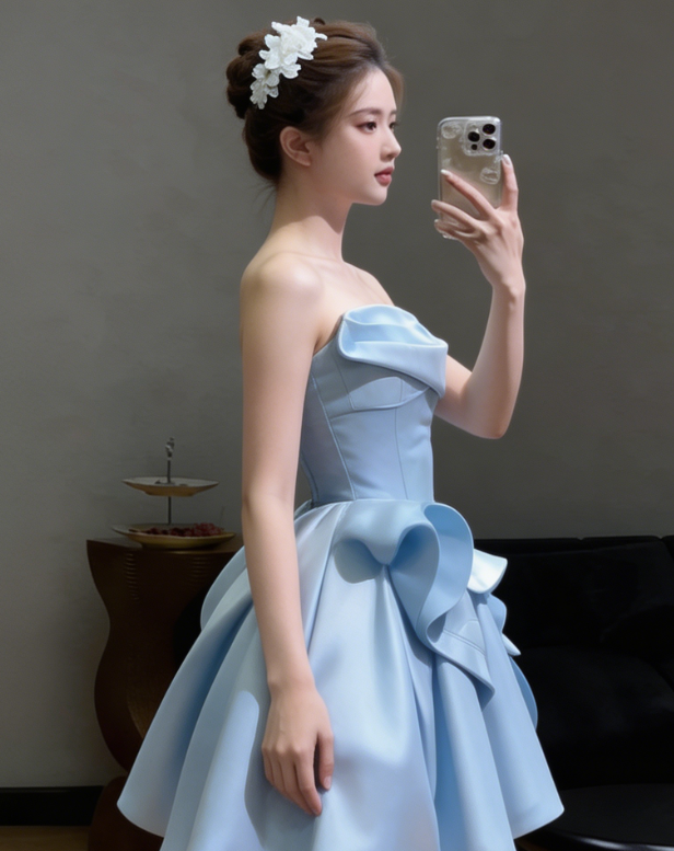 Chic Homecoming Strapless Cascade Pleated Back to School Outfits Party Dress D6729