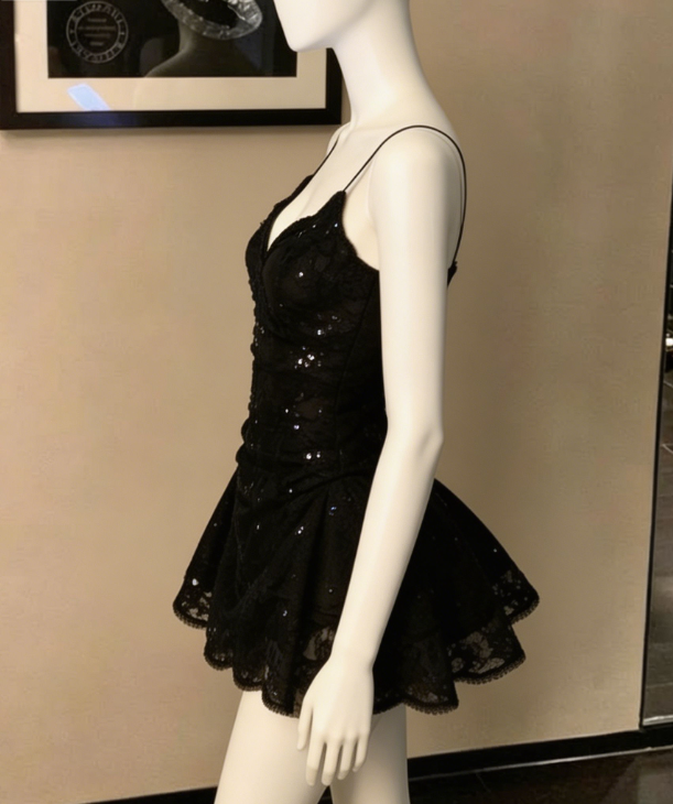 Chic Homecoming Dress V Neck Black Sequins Back to School Outfits Party Dress D6735