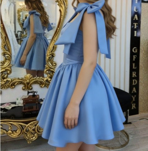 Chic Homecoming Dress Square Bowknot Pleated Back to School Outfits Party Dress D6742