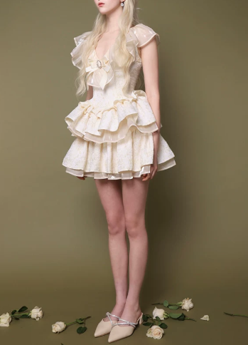 Elegant Homecoming Dress V Neck Rinestone Cascade Back to School Outfits Party Dress D6797