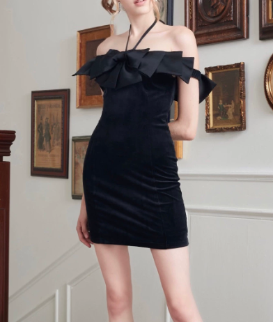 Elegant Homecoming Dress Off the Shoulder Black Bowknot Back to School Outfits Party Dress D6802