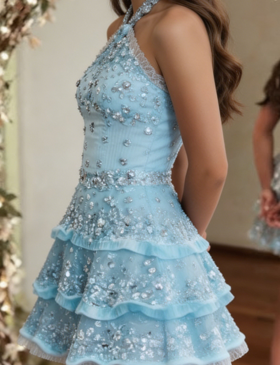 Stunning Homecoming Dress Strapless Sequins Cascade Back to School Outfits Party Dress D6819