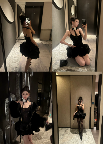 Stunning Homecoming Dress Spaghetti Strap Black Beaded Back to School Outfits Party Dress D6834