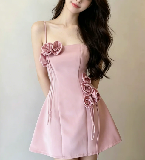 New Homecoming Dress Spaghetti Strap Flower Back to School Outfits Party Dress D6859