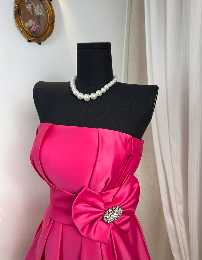 New Homecoming Dress Strapless Rinestone Bowknot Pleated Back to School Outfits Party Dress D6900