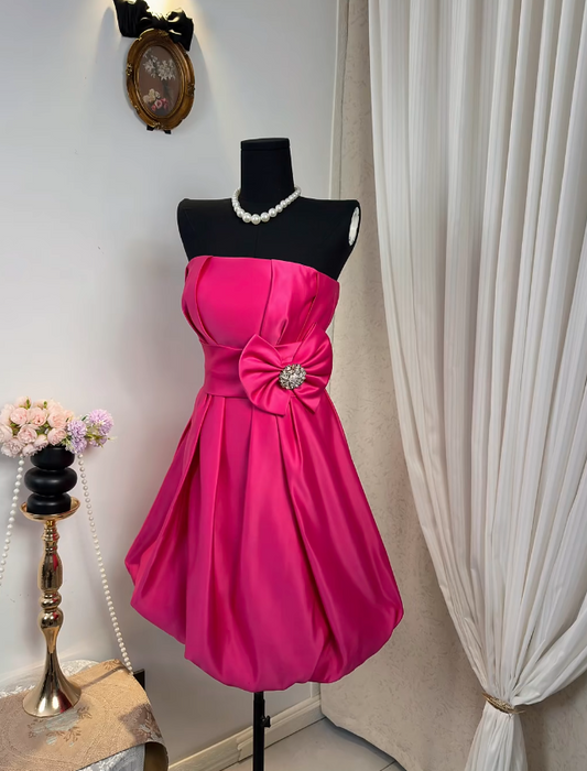 New Homecoming Dress Strapless Rinestone Bowknot Pleated Back to School Outfits Party Dress D6900