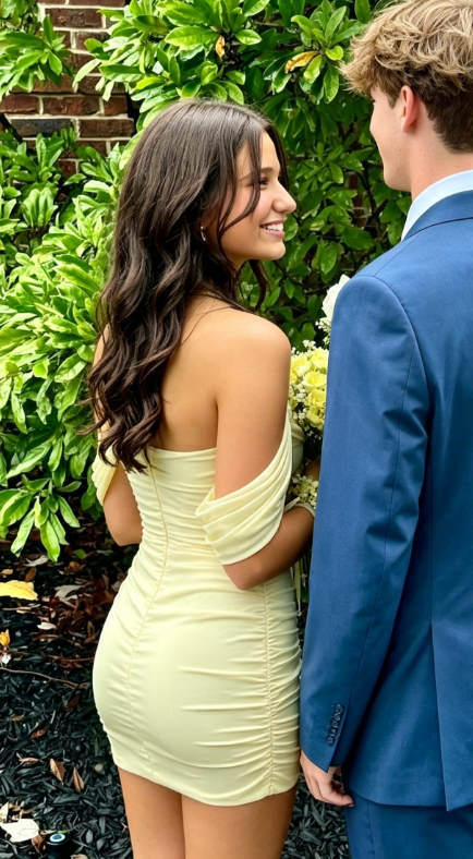New Homecoming Dress Off the Shoulder Pleated Back to School Outfits Party Dress D6927