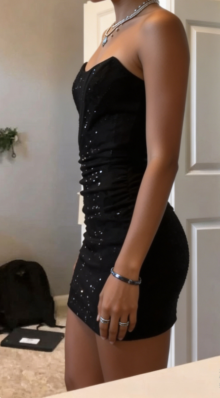 Pretty Homecoming Dress Strapless Black Sequins Hugging Back to School Outfits Party Dress D6984