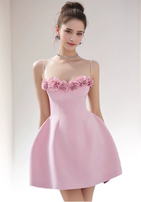 Pretty Homecoming Dress Spaghetti Strap Flower Back to School Outfits Party Dress D6720