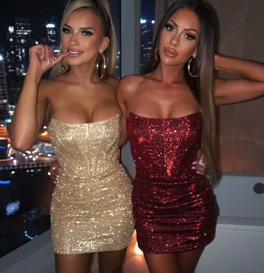 Beauty Homecoming Dress Strapless Pleated Sequins Back to School Outfits Party Dress D7075