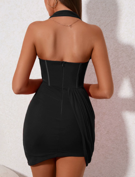 Beautiful Homecoming Dress Halter Pleated Back to School Outfits Party Dress D7128