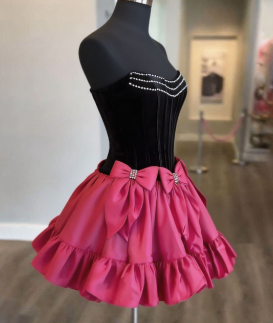 Beautiful Homecoming Dress Strapless Bowknot Rinestone Pleated Back to School Outfits Party Dress D7161