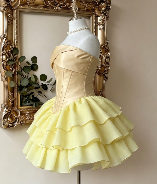 Beautiful Homecoming Dress Strapless Pleated Cascade Back to School Outfits Party Dress D7164