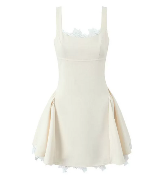 Beautiful Homecoming Dress Square Lace Pleated Back to School Outfits Party Dress D7193
