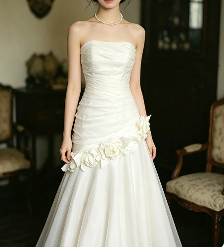 Elegant Wedding Dress Strapless Flower Pleated Tulle Wedding Dress Prom Dress D7267