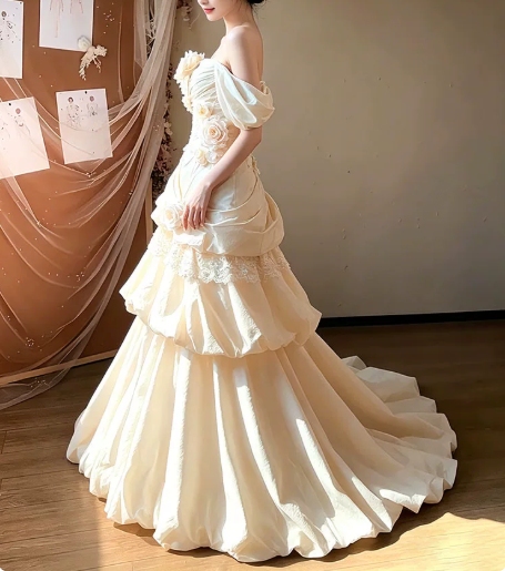 Elegant Wedding Dress Off the Shoulder Flower Pleated Cascade Applique Wedding Dress Prom Dress D7270