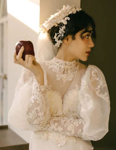 Elegant Wedding Dress High Collar Applique Lace Tulle Wedding Dress D7278
