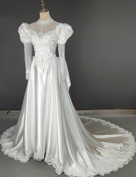 Elegant Wedding Dress High Collar Applique Lace Tulle Pearl Bowknot Flower Wedding Dress D7279