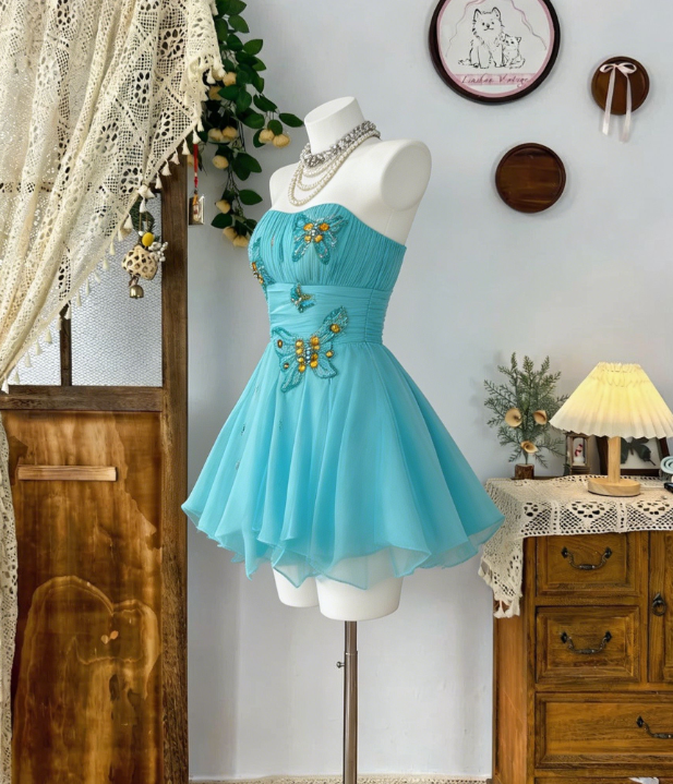 Beautiful Homecoming Dress Strapless Pleated Rinestone Back to School Outfits Party Dress D7283