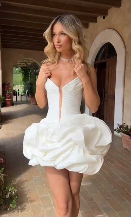 Charming Homecoming Dress V Neck Cascade Pleated Back to School Outfits Party Dress D7309