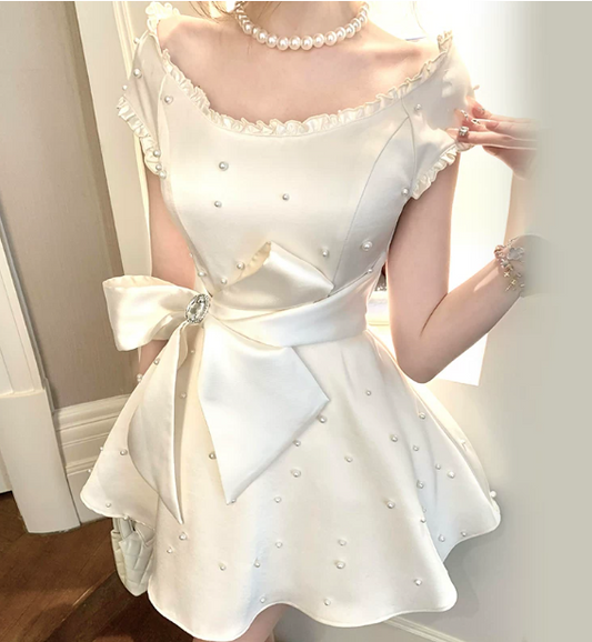 Charming Homecoming Dress Jewel Bowknot Pearl Pleated Back to School Outfits Party Dress D7313