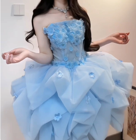 Charming Homecoming Dress Strapless Pleated Flower Cascade Back to School Outfits Party Dress D7320