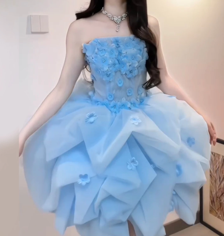 Charming Homecoming Dress Strapless Pleated Flower Cascade Back to School Outfits Party Dress D7320