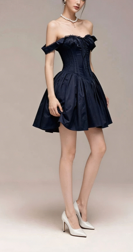 Charming Homecoming Dress Off the Shoulder Bowknot Pleated Back to School Outfits Party Dress D7340