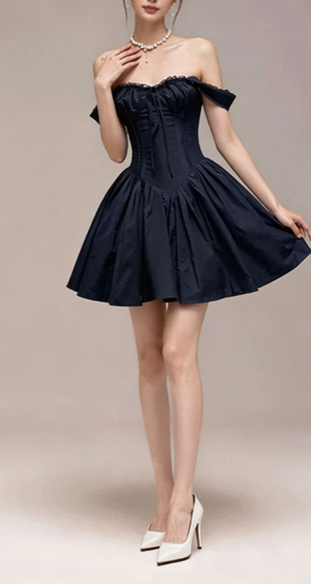 Charming Homecoming Dress Off the Shoulder Bowknot Pleated Back to School Outfits Party Dress D7340