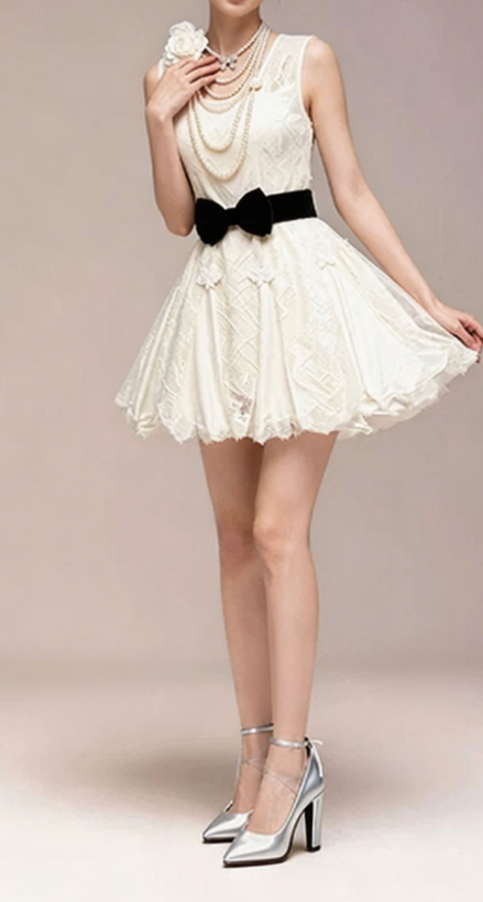 Charming Homecoming Dress Sheer Sharp Bowknot Lace Flower Back to School Outfits Party Dress D7341